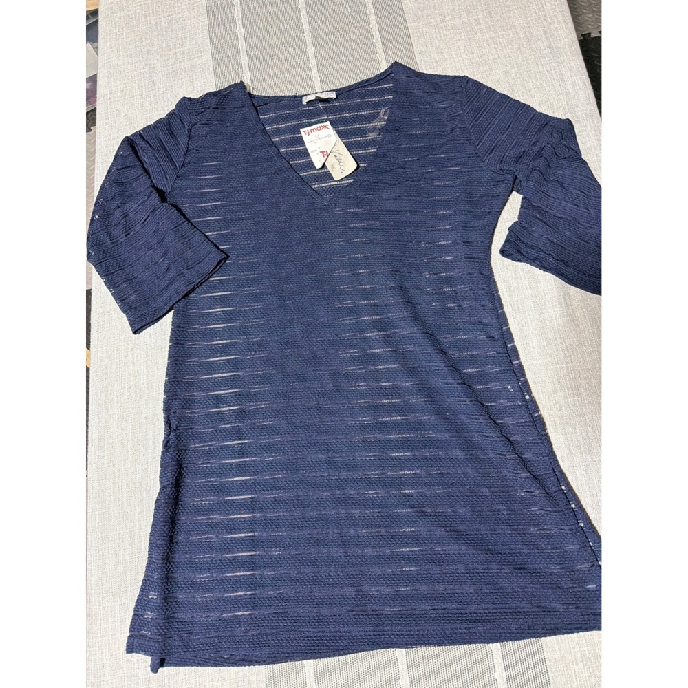 J Valdk swim fiber‎ up Navy Blue Sheer V-Neck 3/4 Sleeve  NWT Size Medium